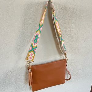 NWT Camel Tan Crossbody Bag with Colorful Guitar Strap